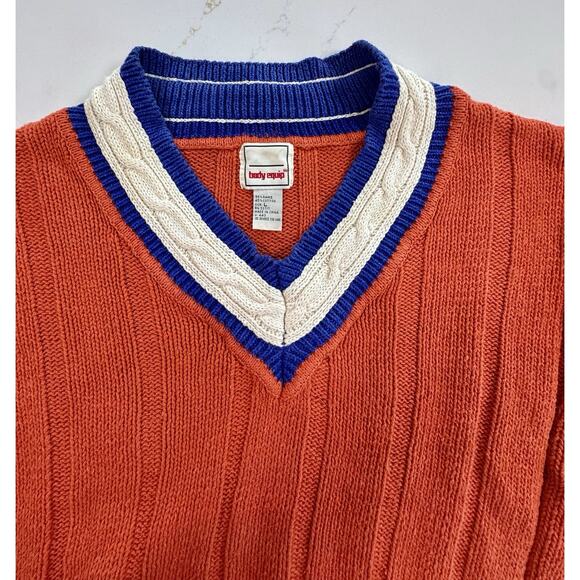 Vintage 80s-90s Body Equip Cricket Tennis Sweater Orange Blue White V-Neck Large - Picture 1 of 12